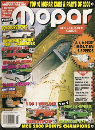MOPAR COLLECTORS GUIDE 2001 MAR - 1 OF 1 HEMI 4-SPEED 69 CHARGER, RED WARLOCK